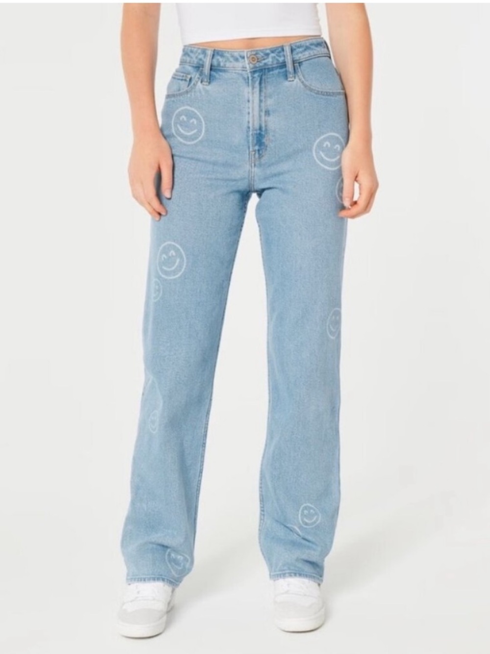 Hollister Ultra High-Rise Dad Jeans with Smiley Face Graphic Print size 25R/0R